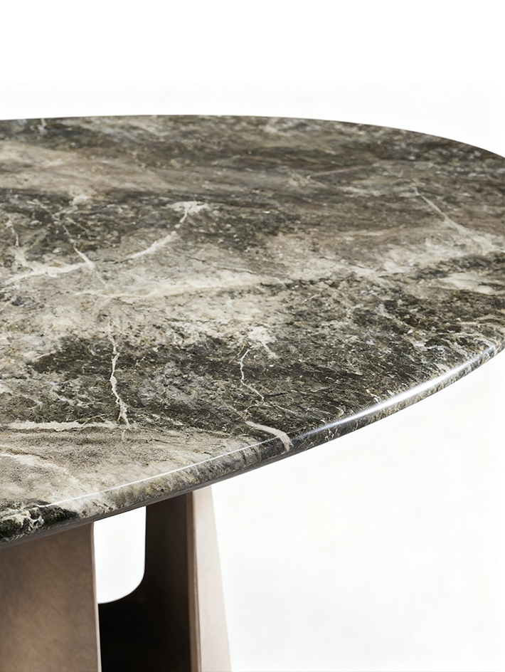 MetalloMar Cloud-Veined Marble Dining Table with Leather-Wrapped Metal Legs
