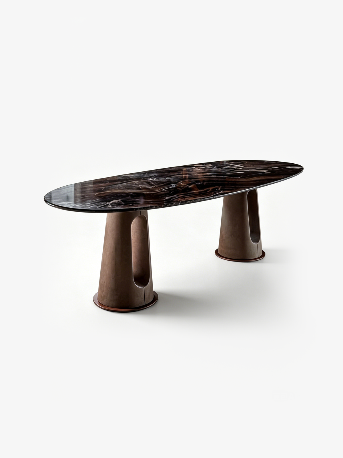 MetalloMar Cloud-Veined Marble Dining Table with Leather-Wrapped Metal Legs