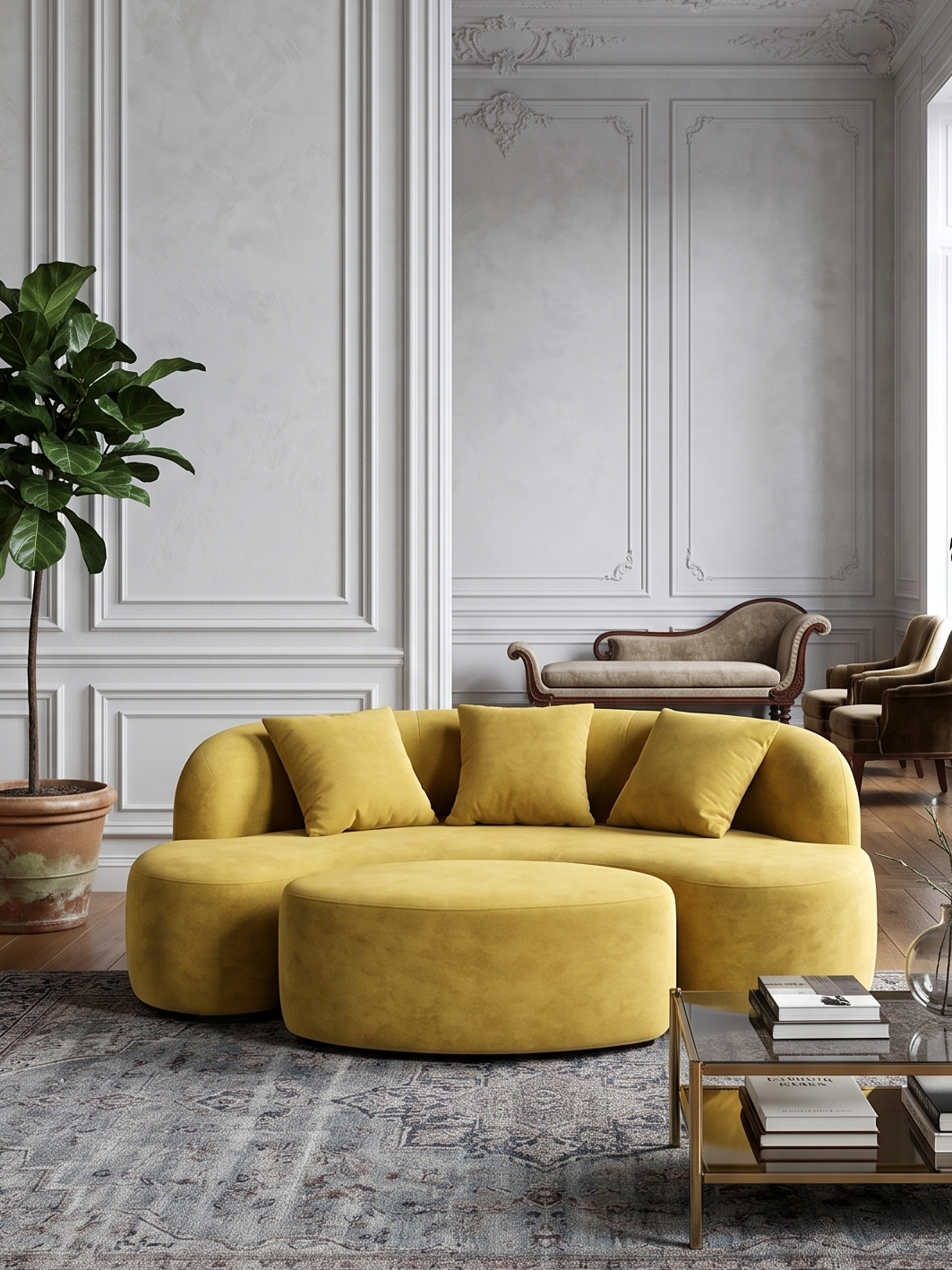 Luna Italian Contemporary Velvet Curved 2-seater and Ottoman Set