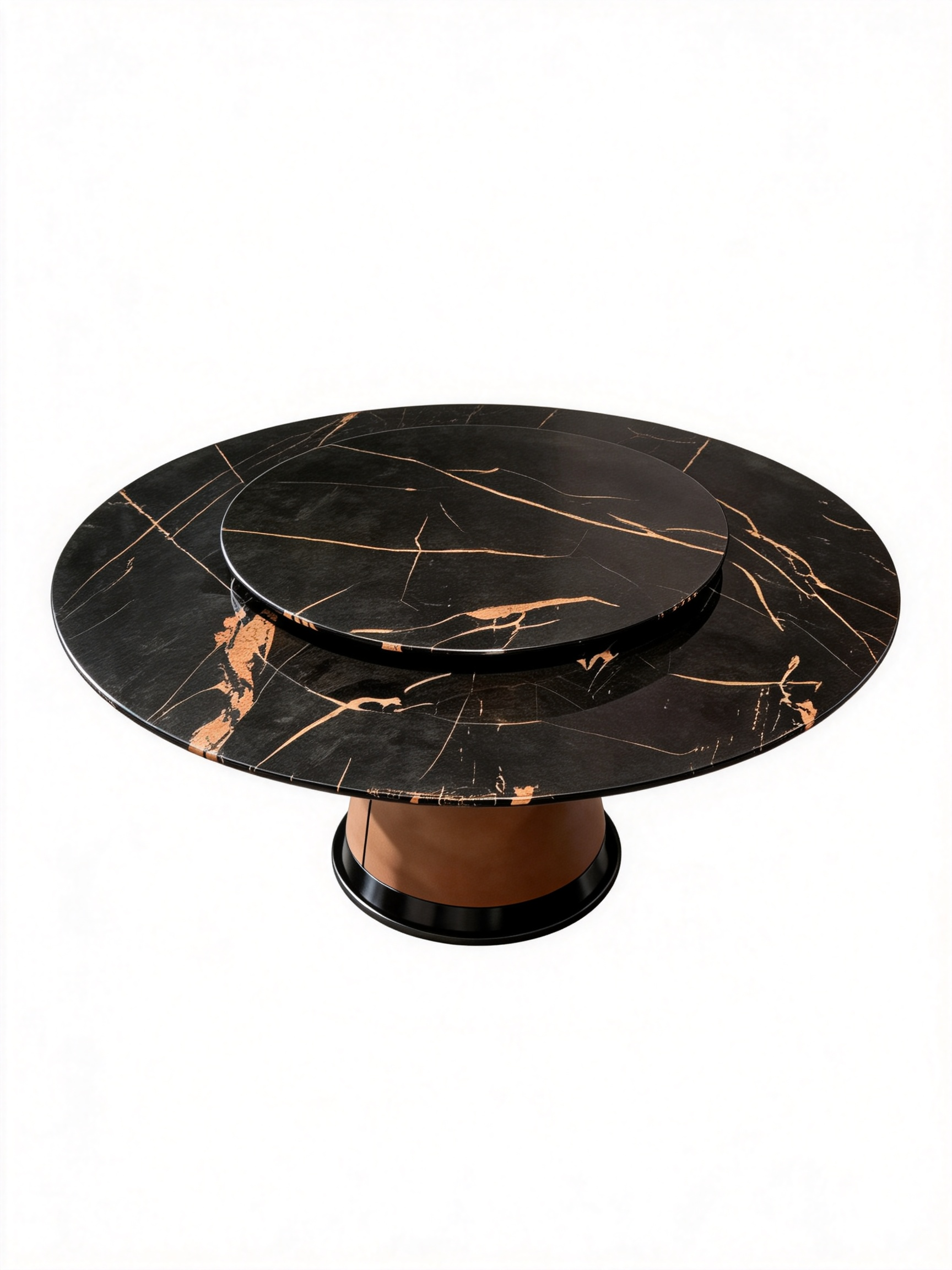Nero Verde Marble & Saddle Leather Round Dining Table with Turntable