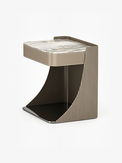 LUMI Marble Top Bedside Table with Gloss Metal Lacquer and Saddle Leather