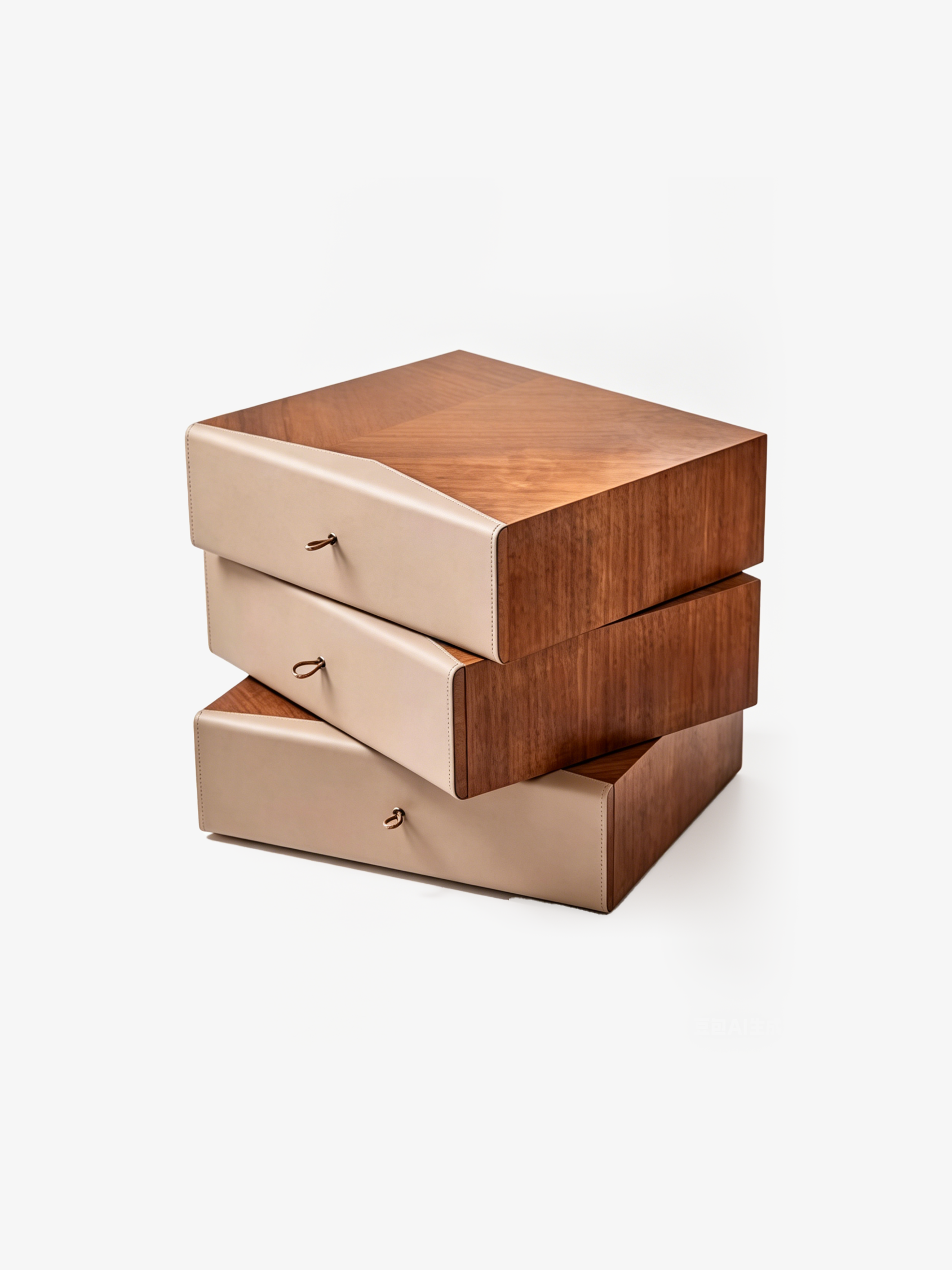 PINE Stacked Walnut & Saddle Leather Bedside Table