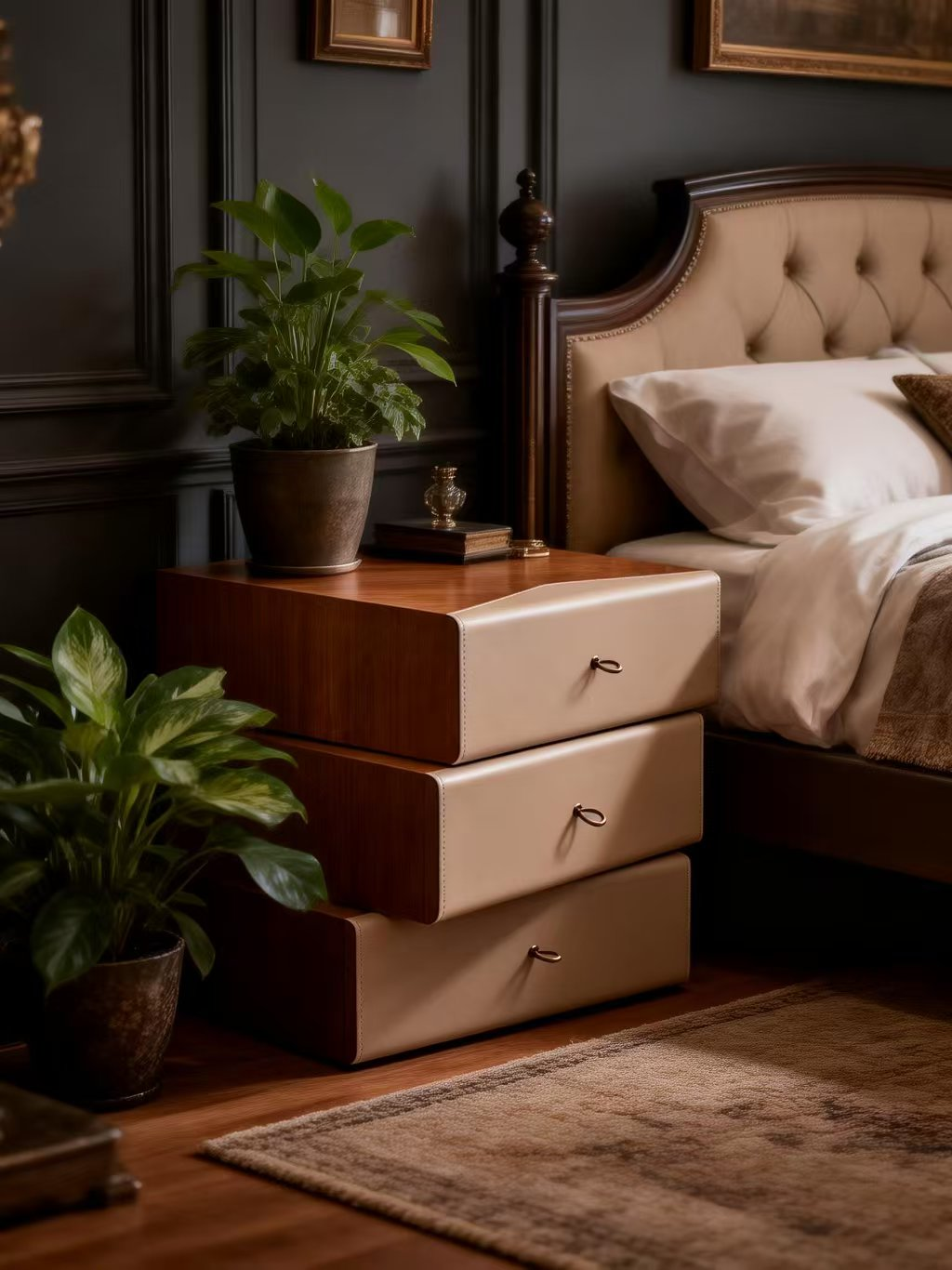 PINE Stacked Walnut & Saddle Leather Bedside Table