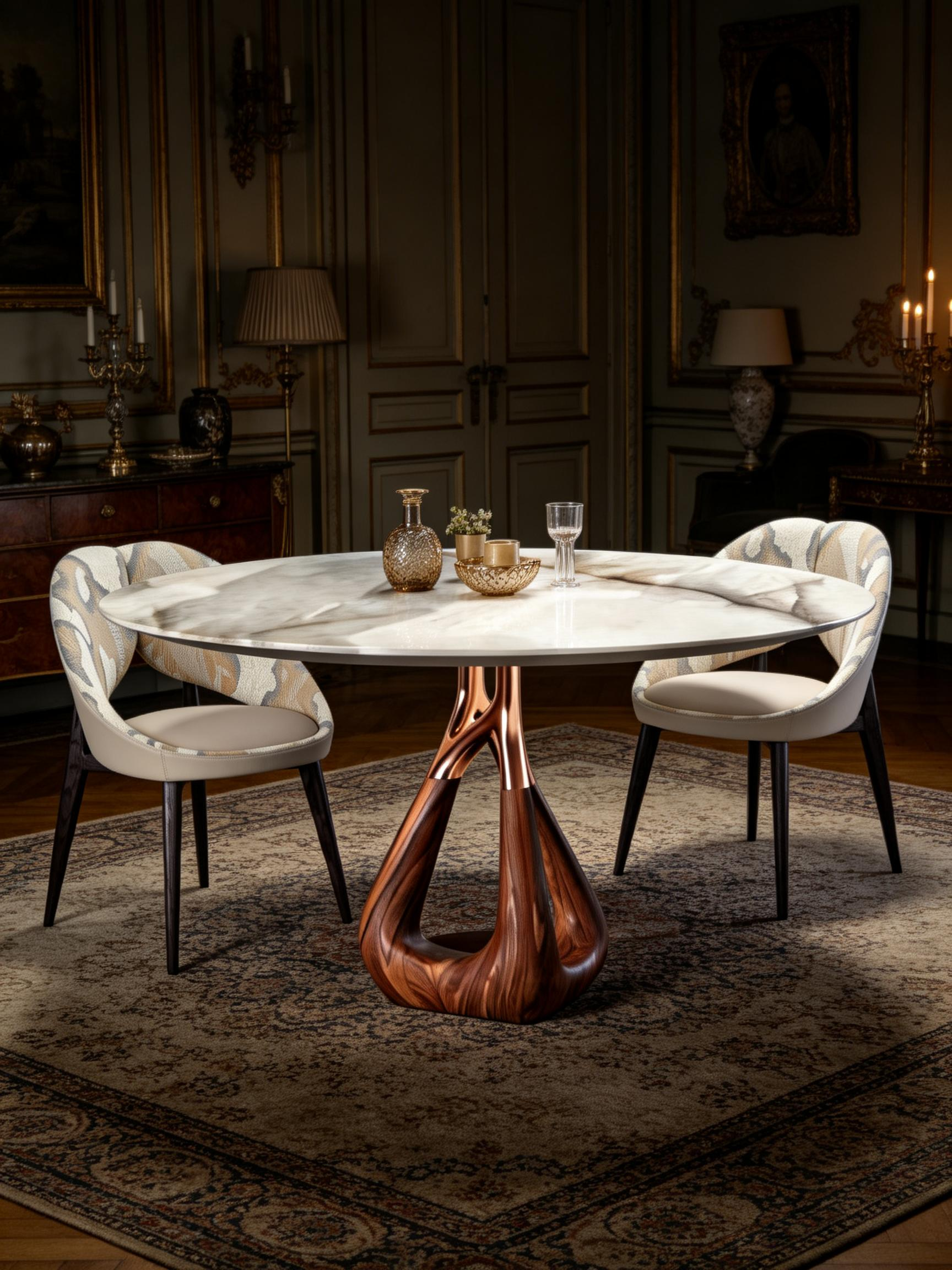 RHEA Marble & Walnut Sculptural Dining Table