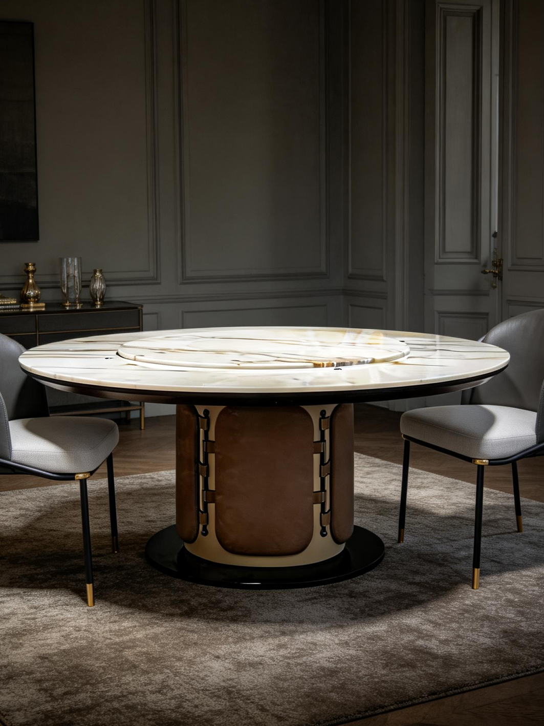 Aurora Calacatta Gold Marble Round Dining Table with Electric Lift Turntable