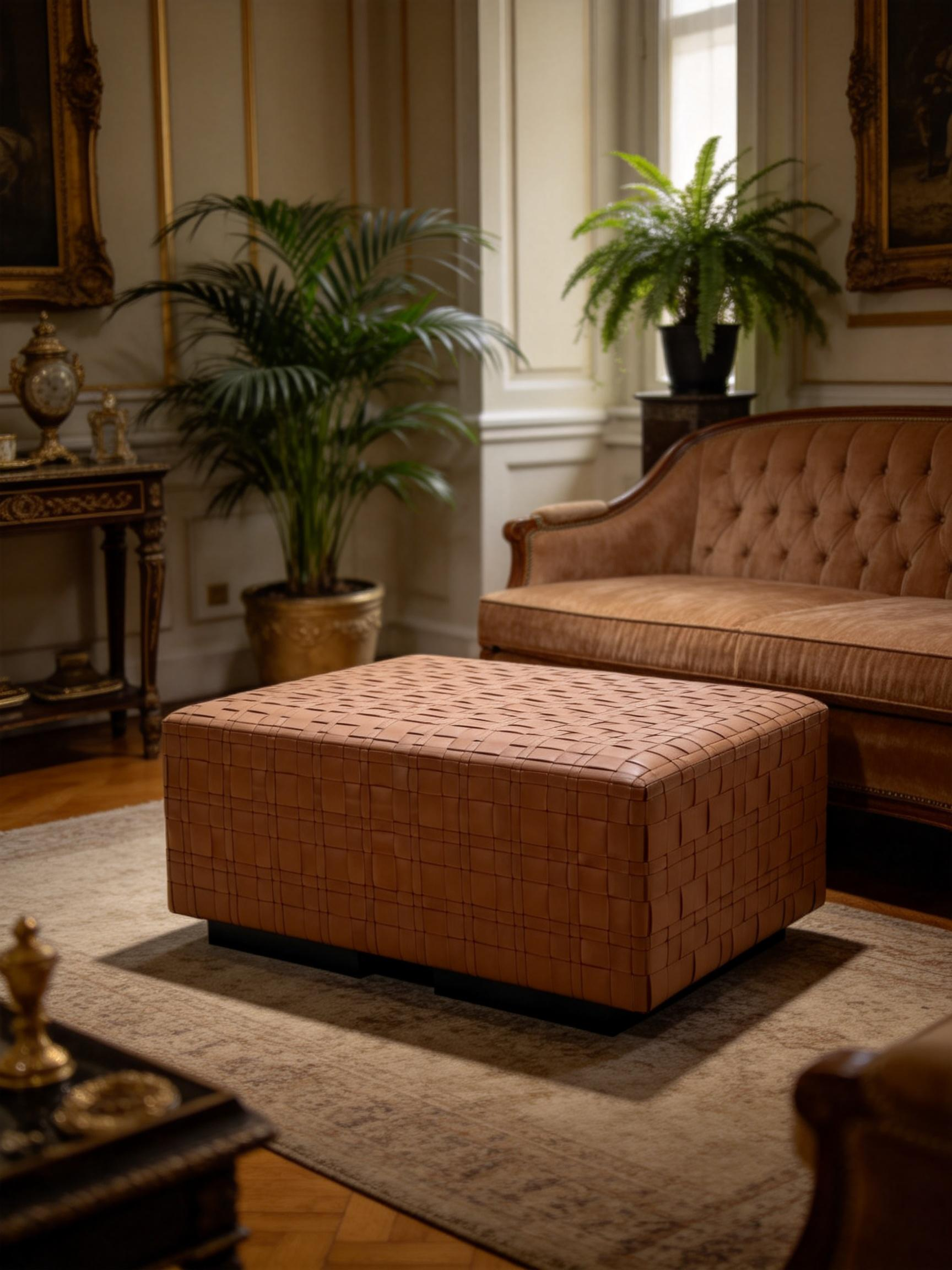 LOREN Woven Leather Large Square Ottoman
