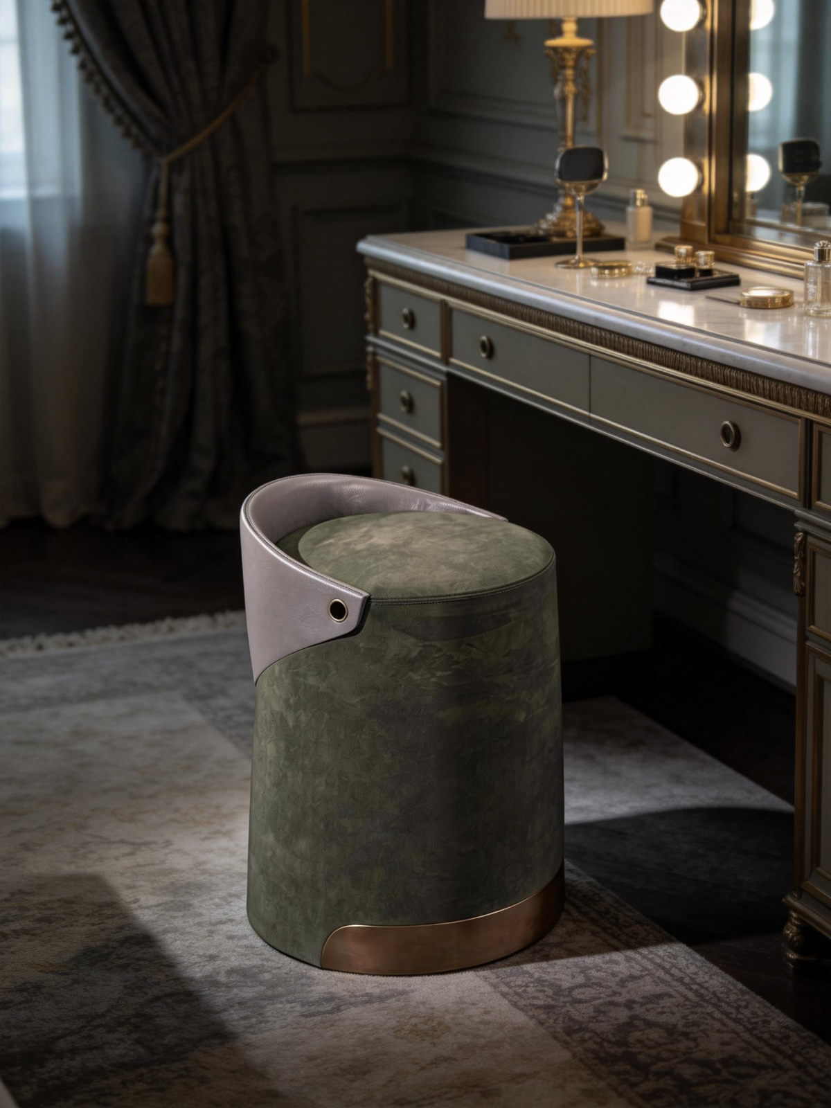 CIRCA Saddle Leather & Suede Fabric Dressing Stool