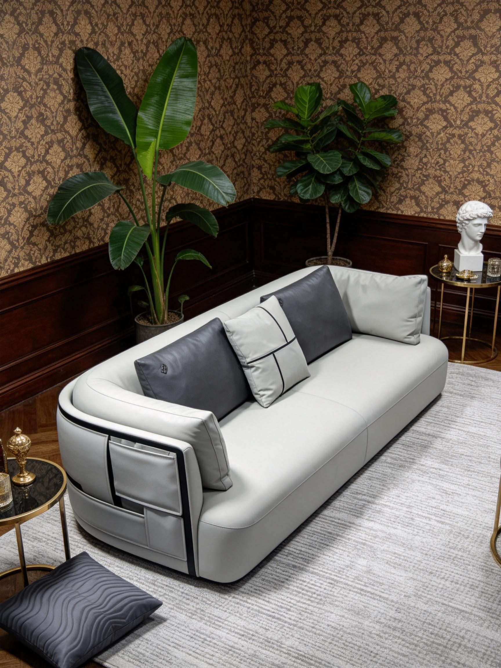 LUSSO Genuine Leather 3-Seater Sofa with Woven Saddle Leather Side Panels