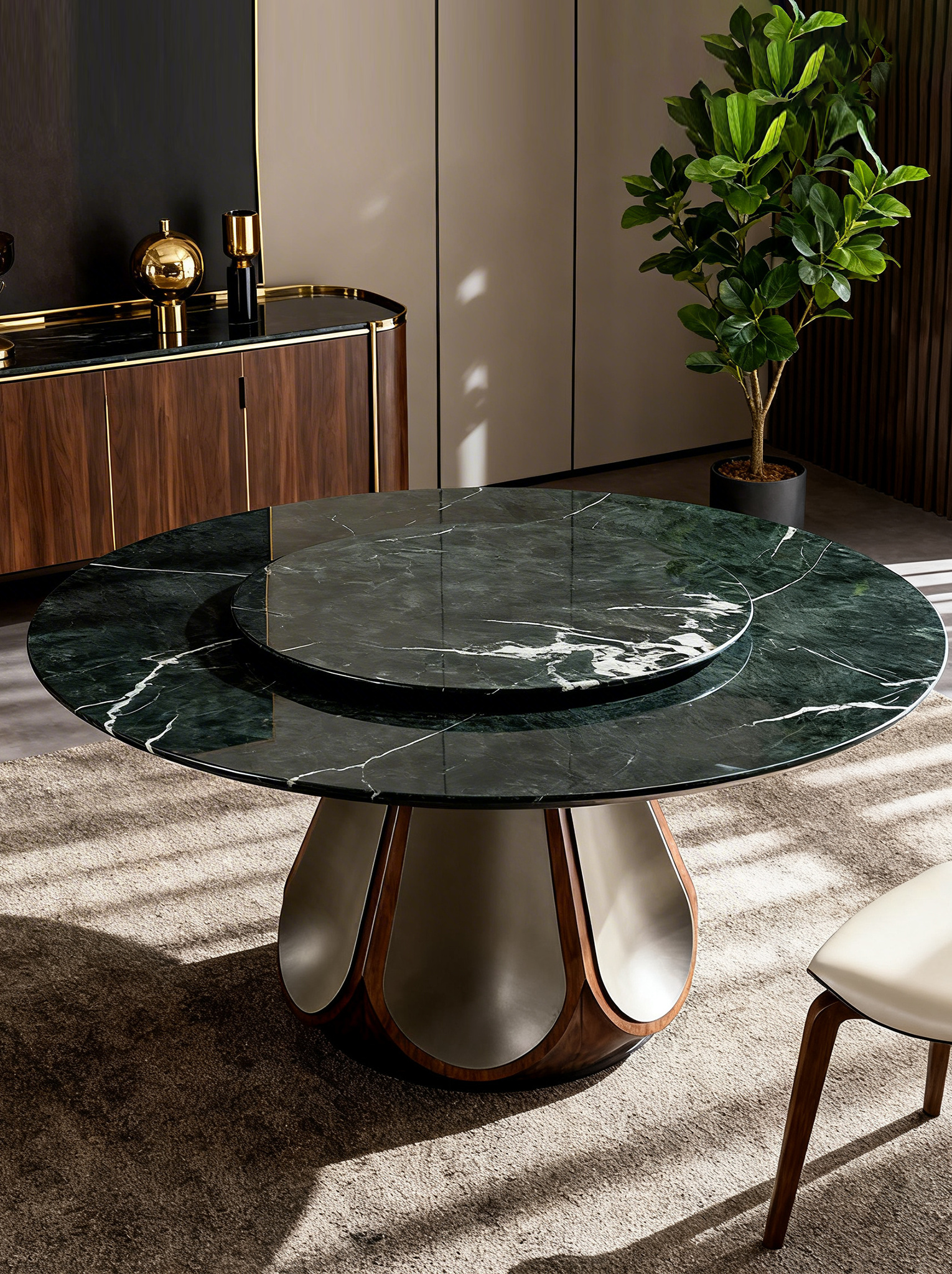 ODETTE Solid Catalpa Wood & Saddle Leather Round Dining Table