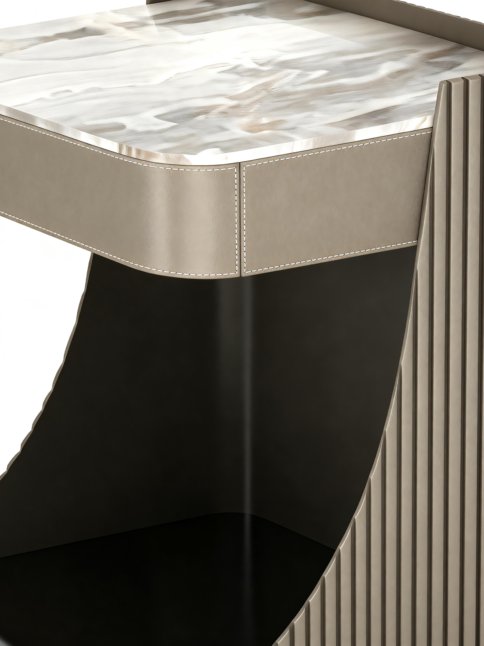 LUMI Marble Top Bedside Table with Gloss Metal Lacquer and Saddle Leather