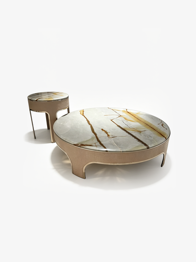Veil Marble Coffee Table Set of 2 with Saddle Leather Base