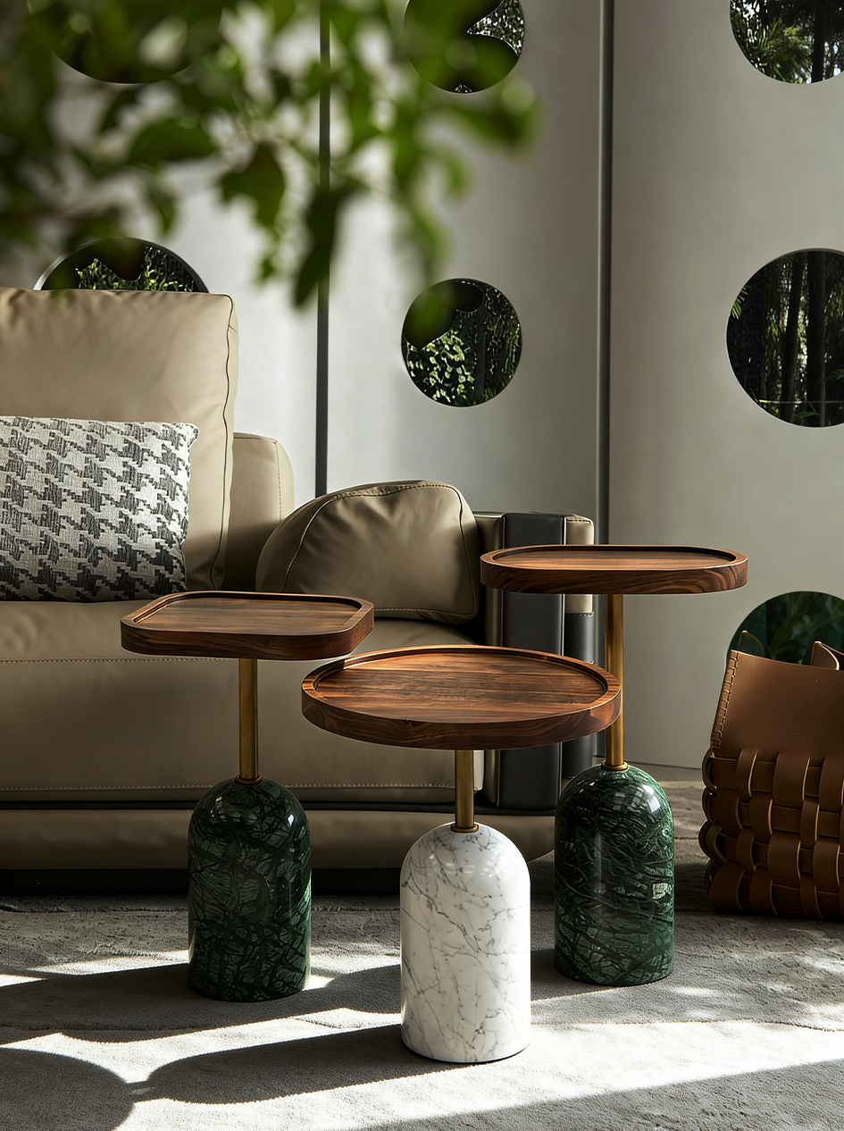 KORE Solid Black Walnut Nest of 3 Side Tables with Marble Bases