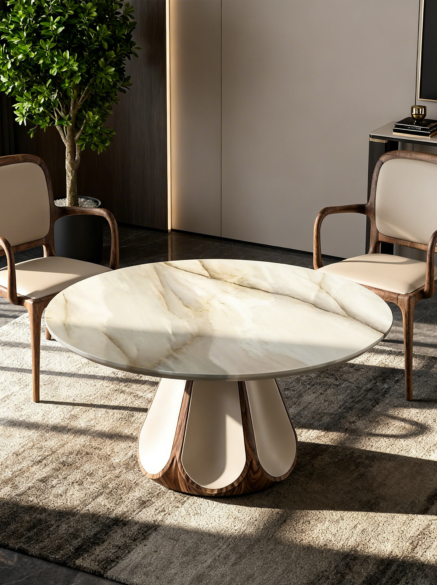 ODETTE Solid Catalpa Wood & Saddle Leather Round Dining Table
