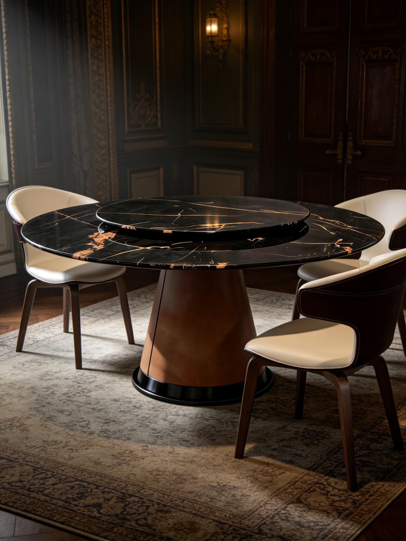Nero Verde Marble & Saddle Leather Round Dining Table with Turntable