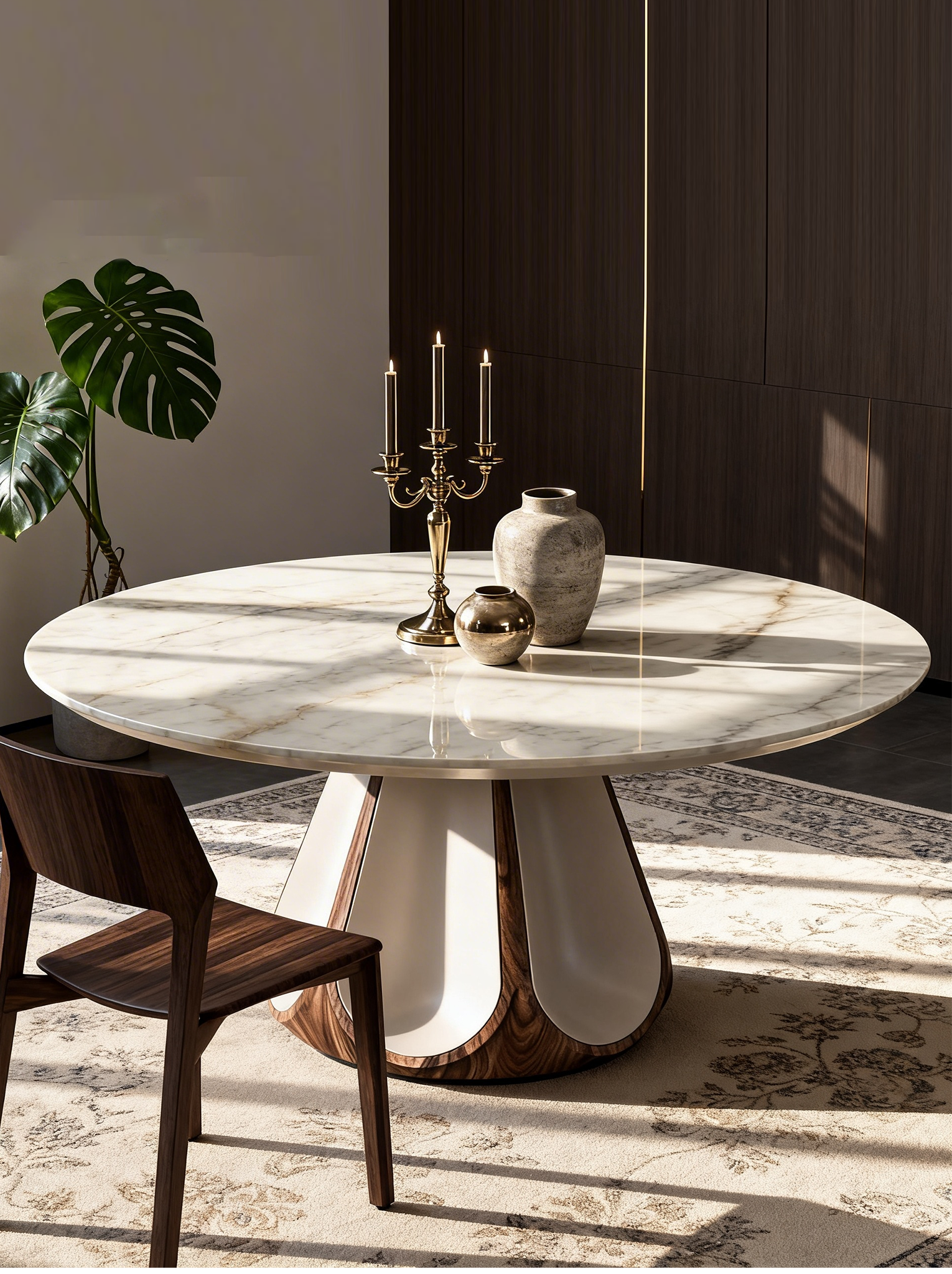ODETTE Solid Catalpa Wood & Saddle Leather Round Dining Table
