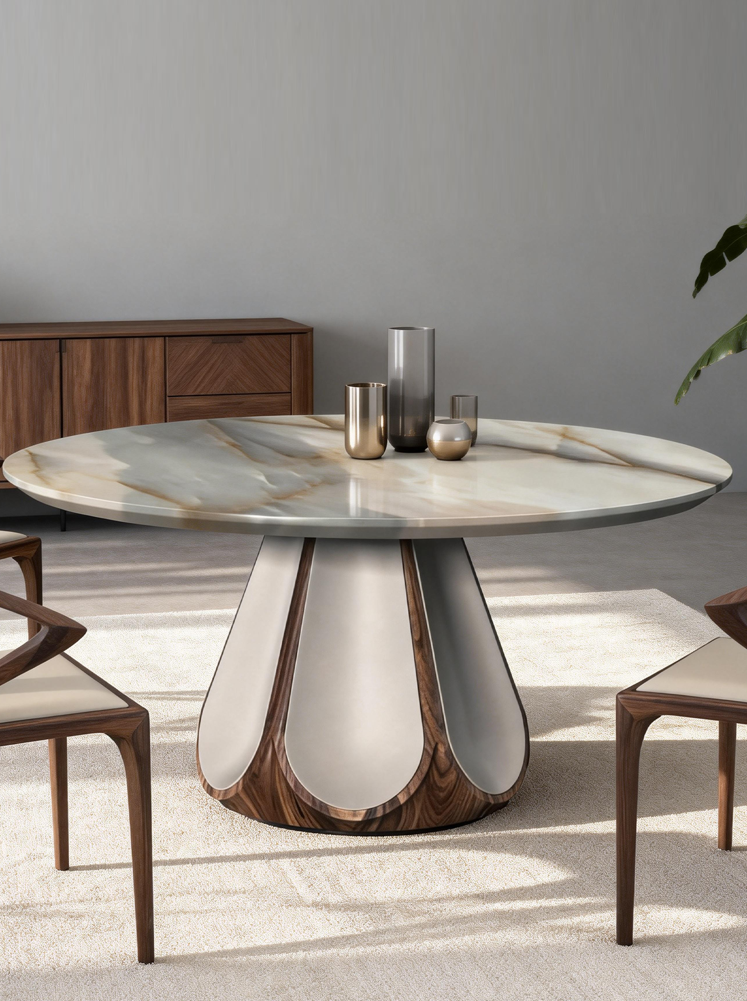 ODETTE Solid Catalpa Wood & Saddle Leather Round Dining Table