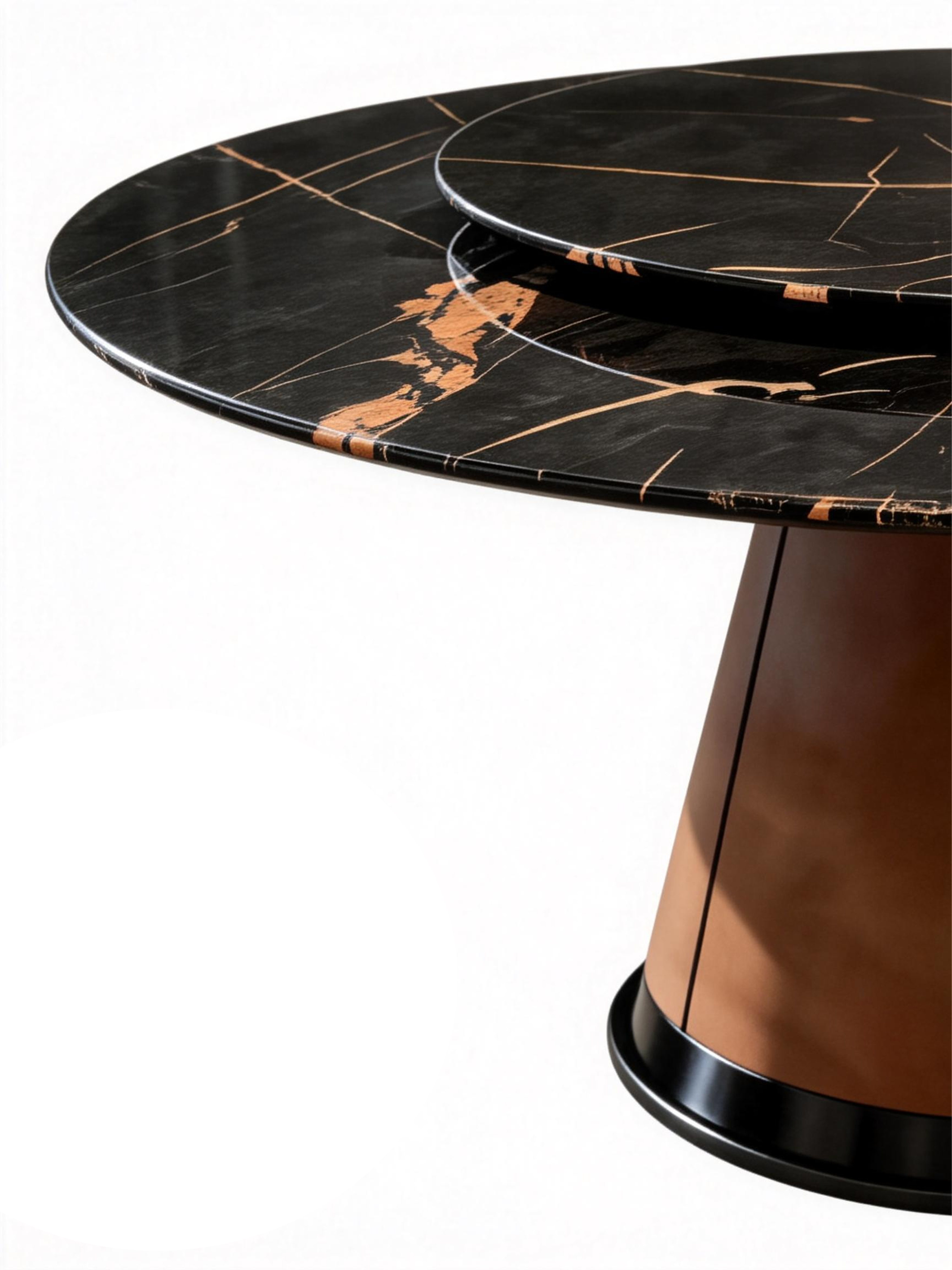 Nero Verde Marble & Saddle Leather Round Dining Table with Turntable
