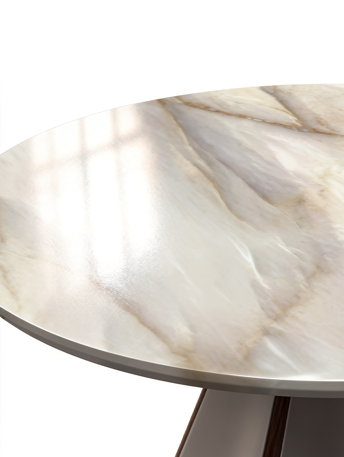 ODETTE Solid Catalpa Wood & Saddle Leather Round Dining Table