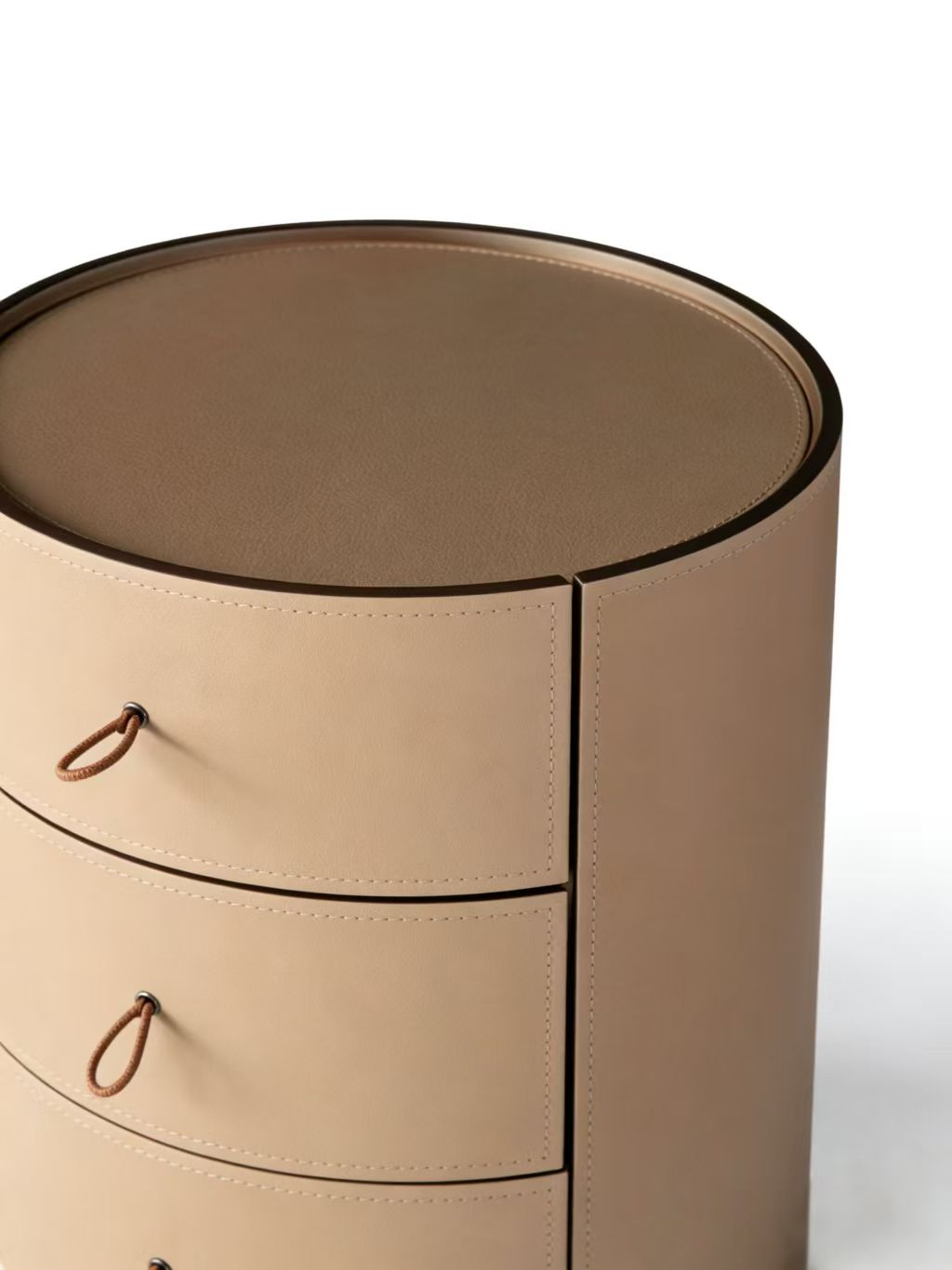 STACK Round Saddle Leather Three-Drawer Bedside Table