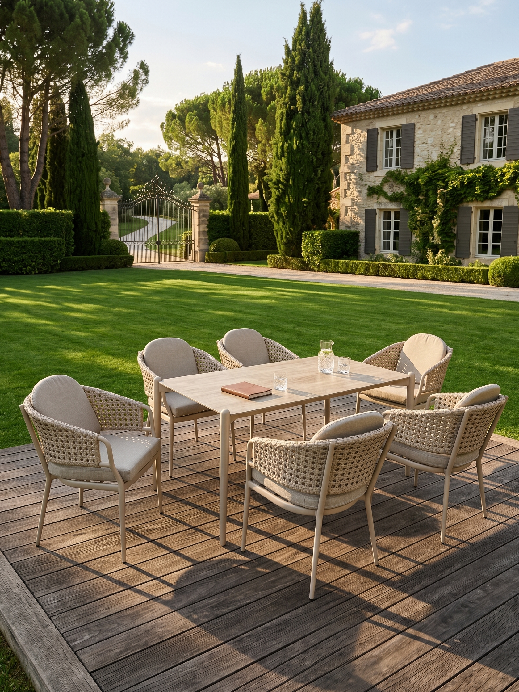 DAPHNE 7-Piece Weather-resistant Outdoor Rattan Dining Set with Glass-Top Table