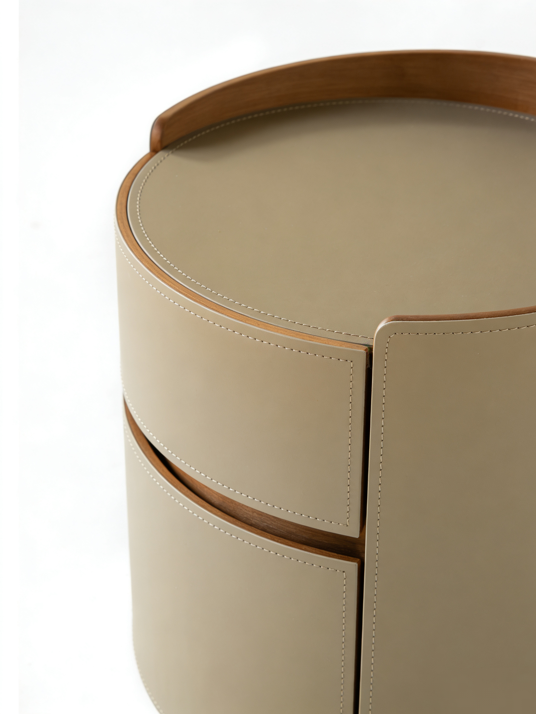 ELARA Round Walnut & Saddle Leather Bedside Table