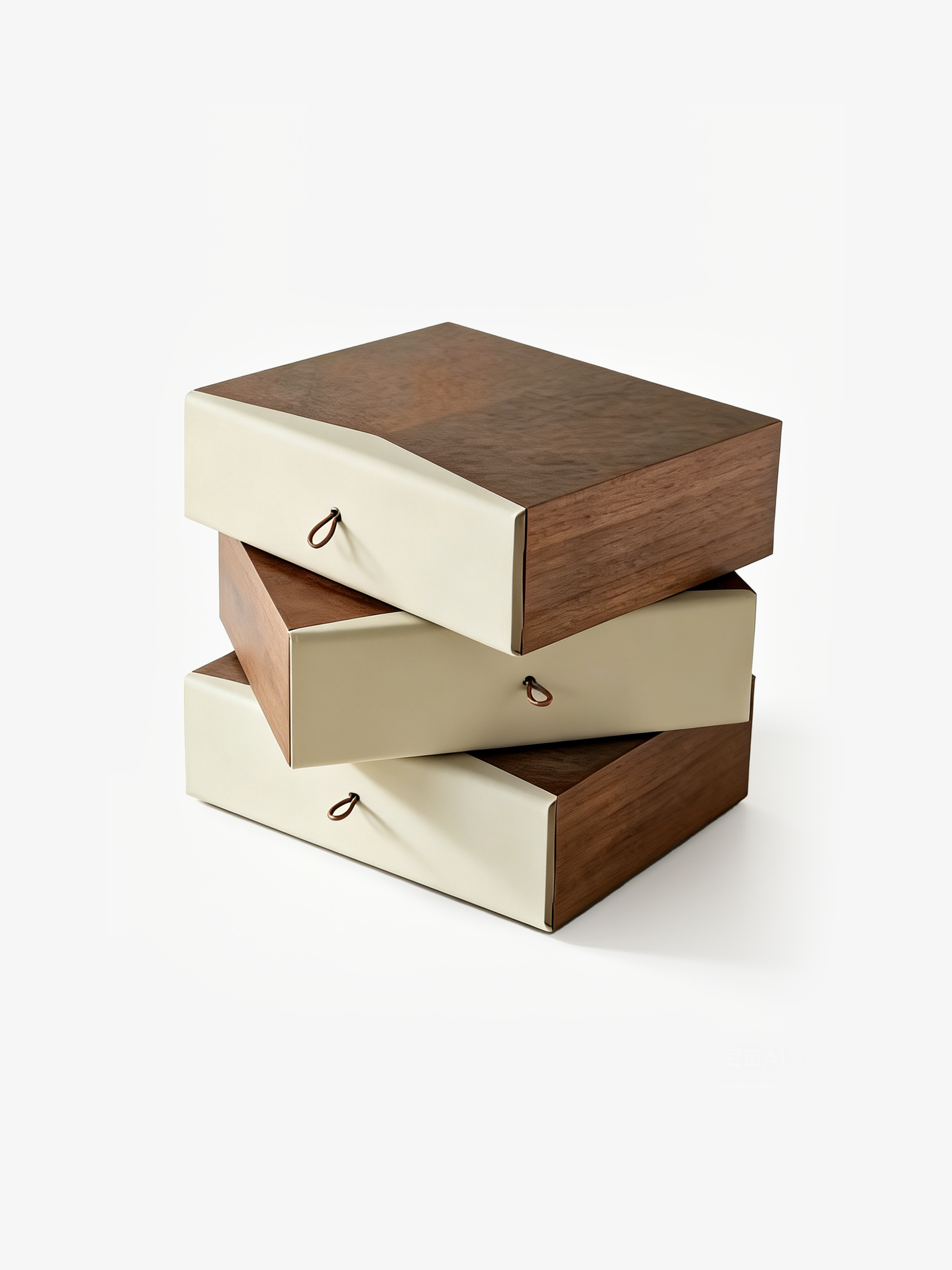PINE Stacked Walnut & Saddle Leather Bedside Table