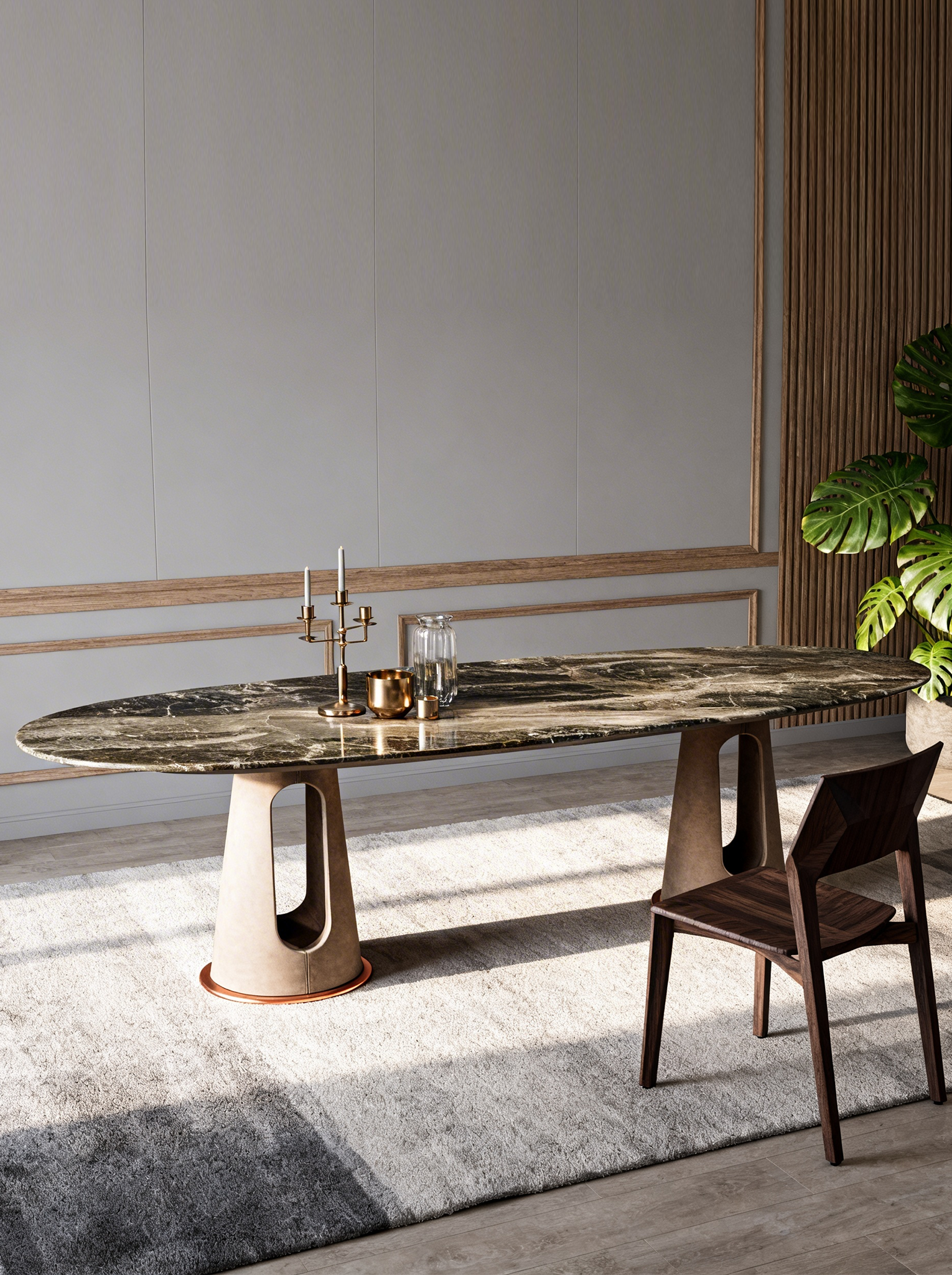 MetalloMar Cloud-Veined Marble Dining Table with Leather-Wrapped Metal Legs