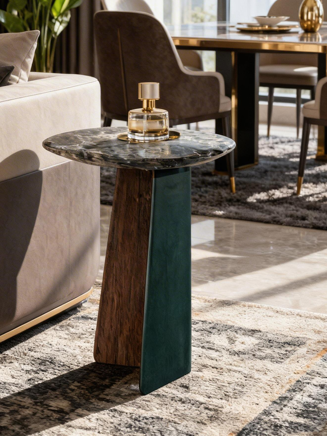 MICA Charcoal Marble & Saddle Leather Side Table