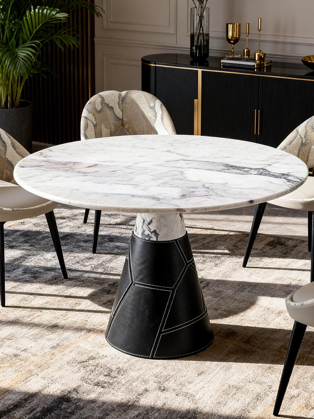 Selene Marble & Saddle Leather Round Dining Table
