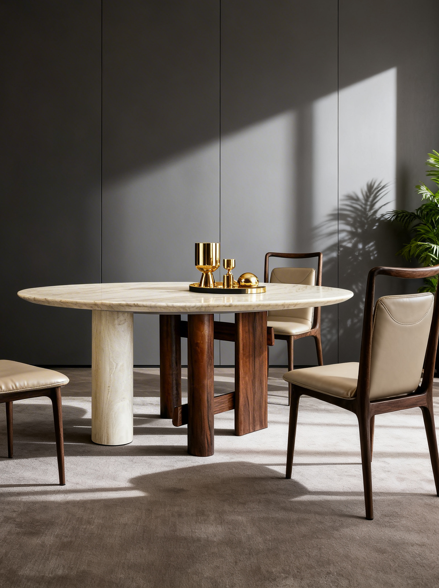 FORMA White Marble & Walnut Ash Wood Round Dining Table