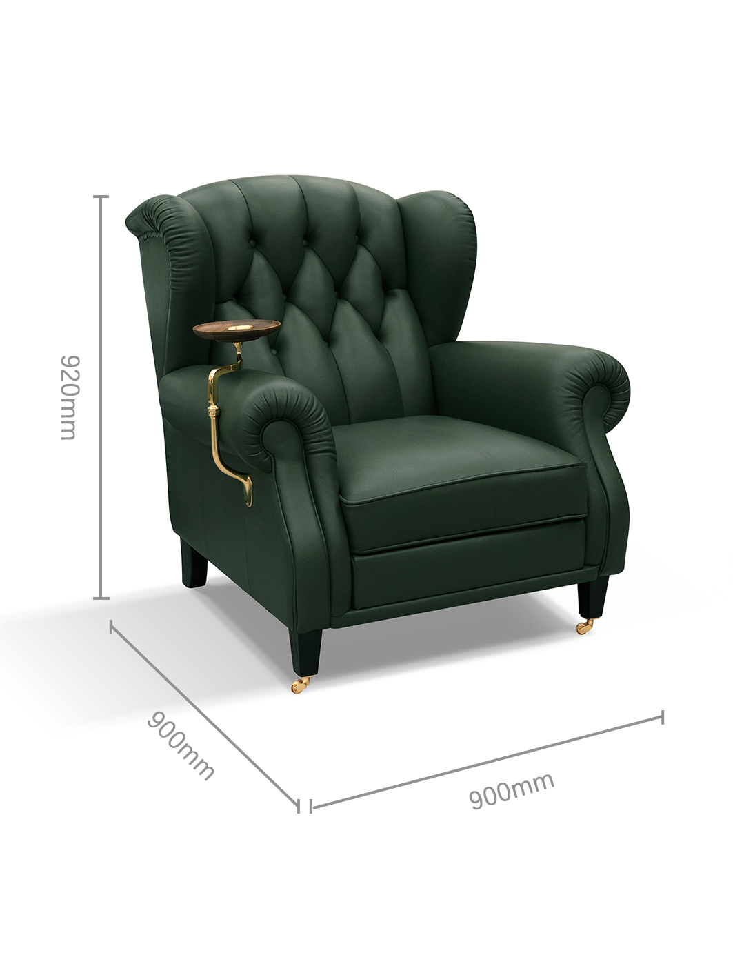 GODFREY Green Leather Wingback Club Chair with Side Tray