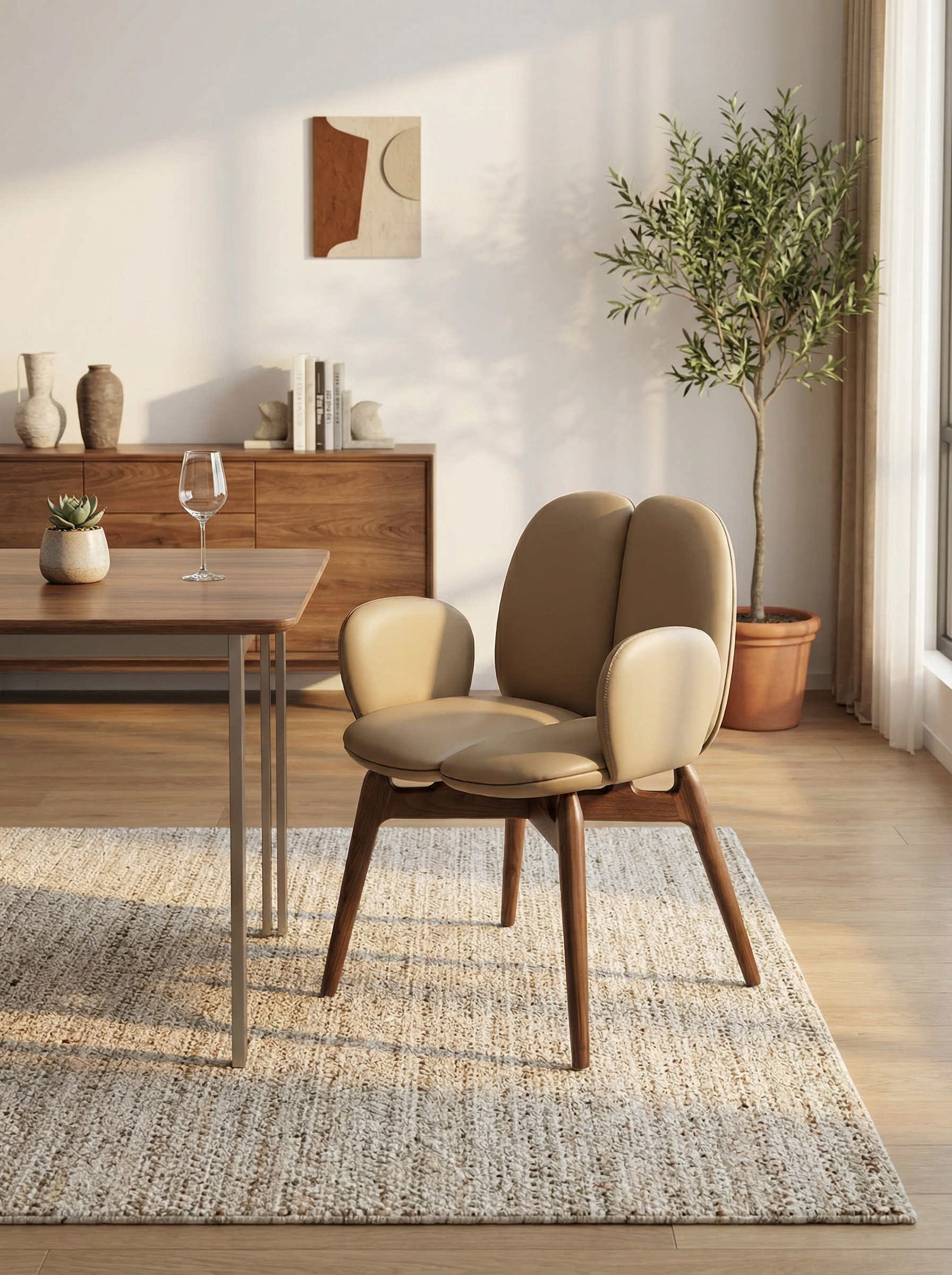 NOCE Designer Walnut Vegan Leather Dining Chair with Armrests