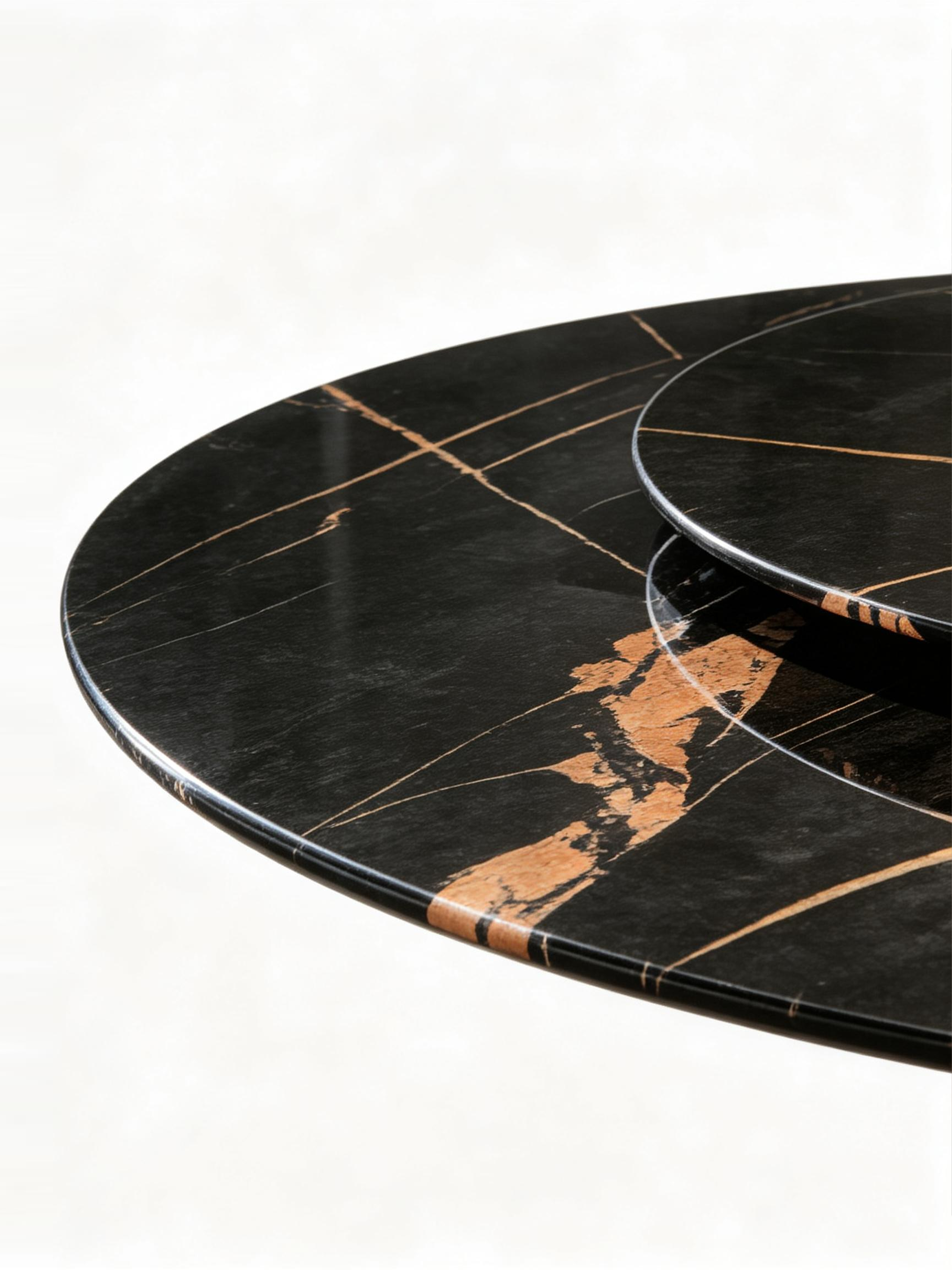 Nero Verde Marble & Saddle Leather Round Dining Table with Turntable
