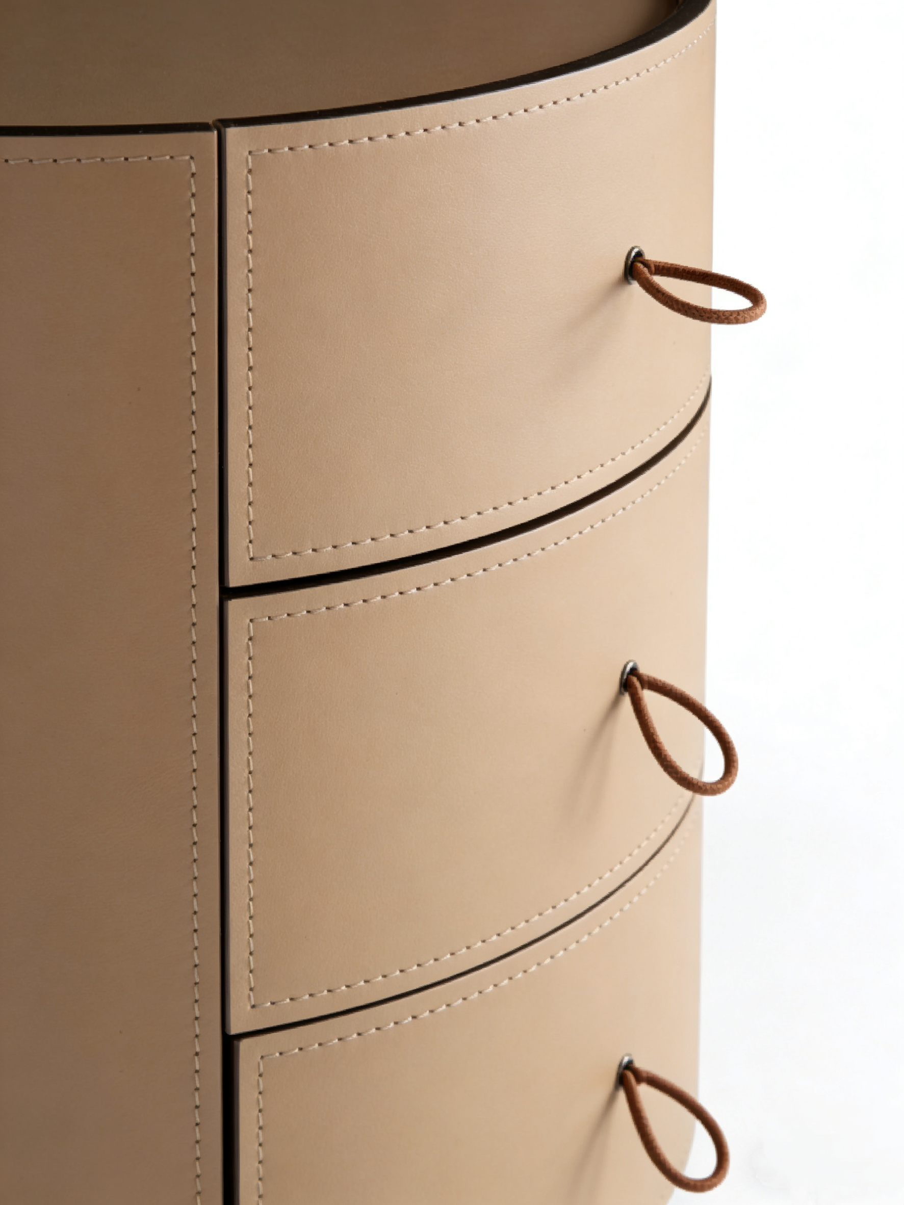 STACK Round Saddle Leather Three-Drawer Bedside Table