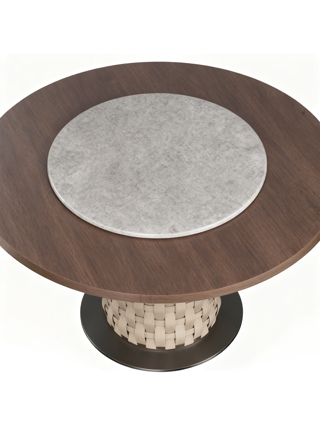 Aveline Walnut & Saddle Leather Round Dining Table with Marble Turntable