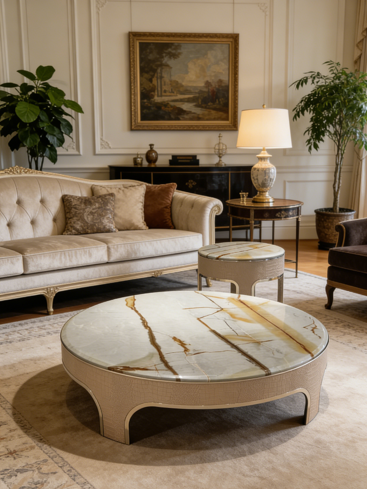 Veil Marble Coffee Table Set of 2 with Saddle Leather Base