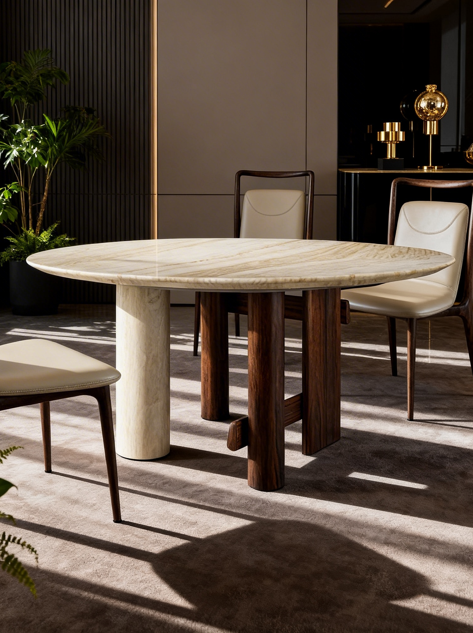 FORMA White Marble & Walnut Ash Wood Round Dining Table