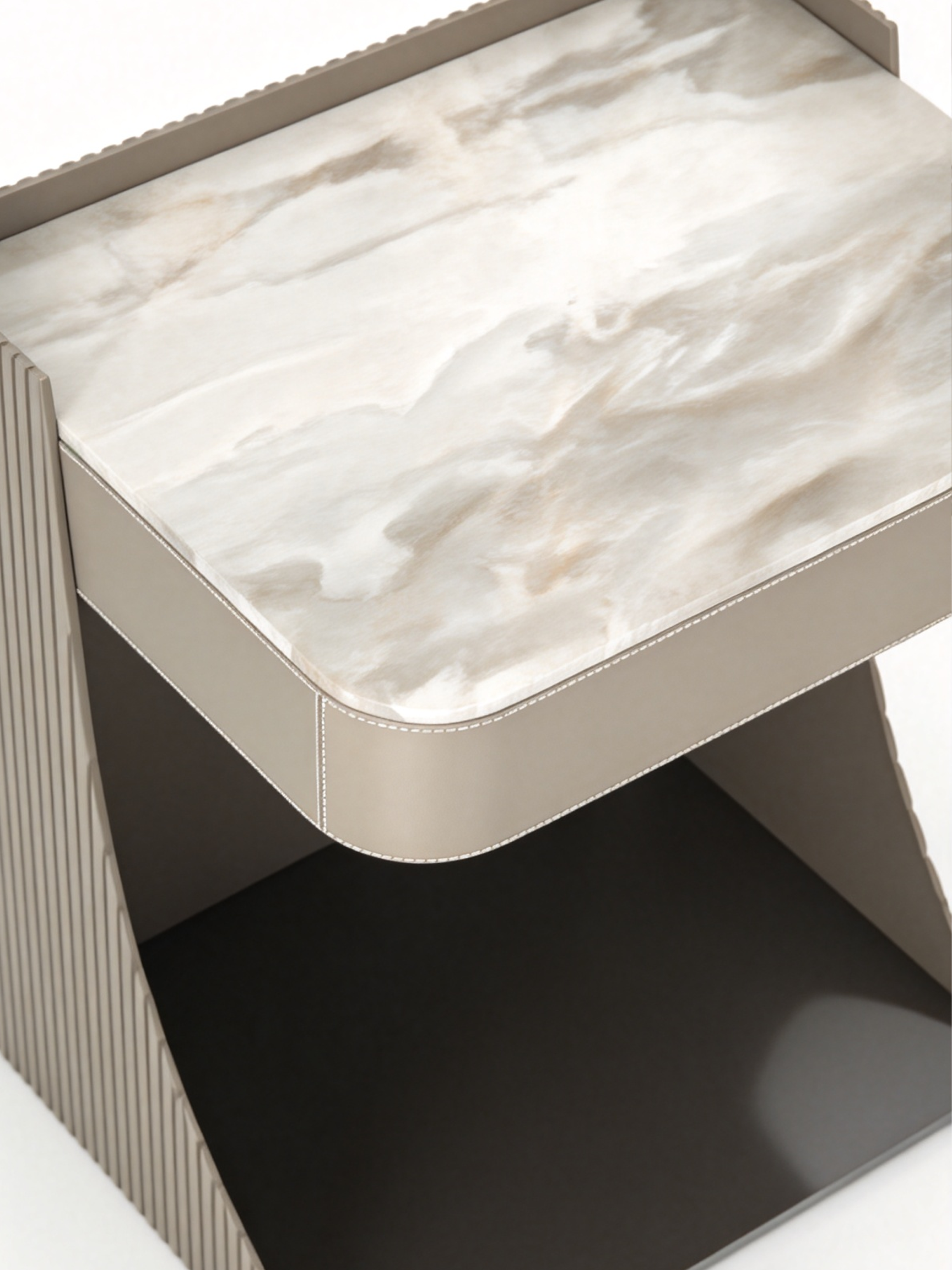 LUMI Marble Top Bedside Table with Gloss Metal Lacquer and Saddle Leather