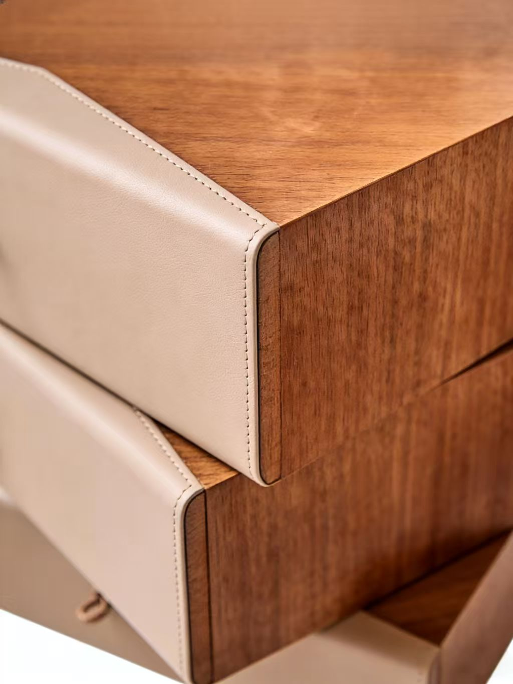 PINE Stacked Walnut & Saddle Leather Bedside Table