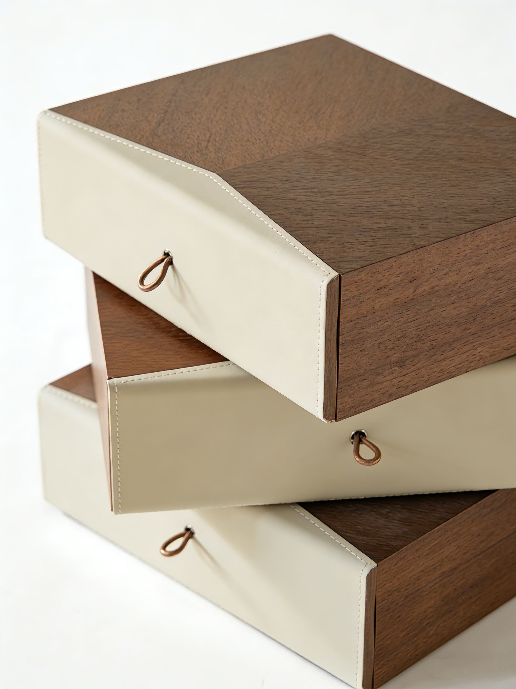PINE Stacked Walnut & Saddle Leather Bedside Table