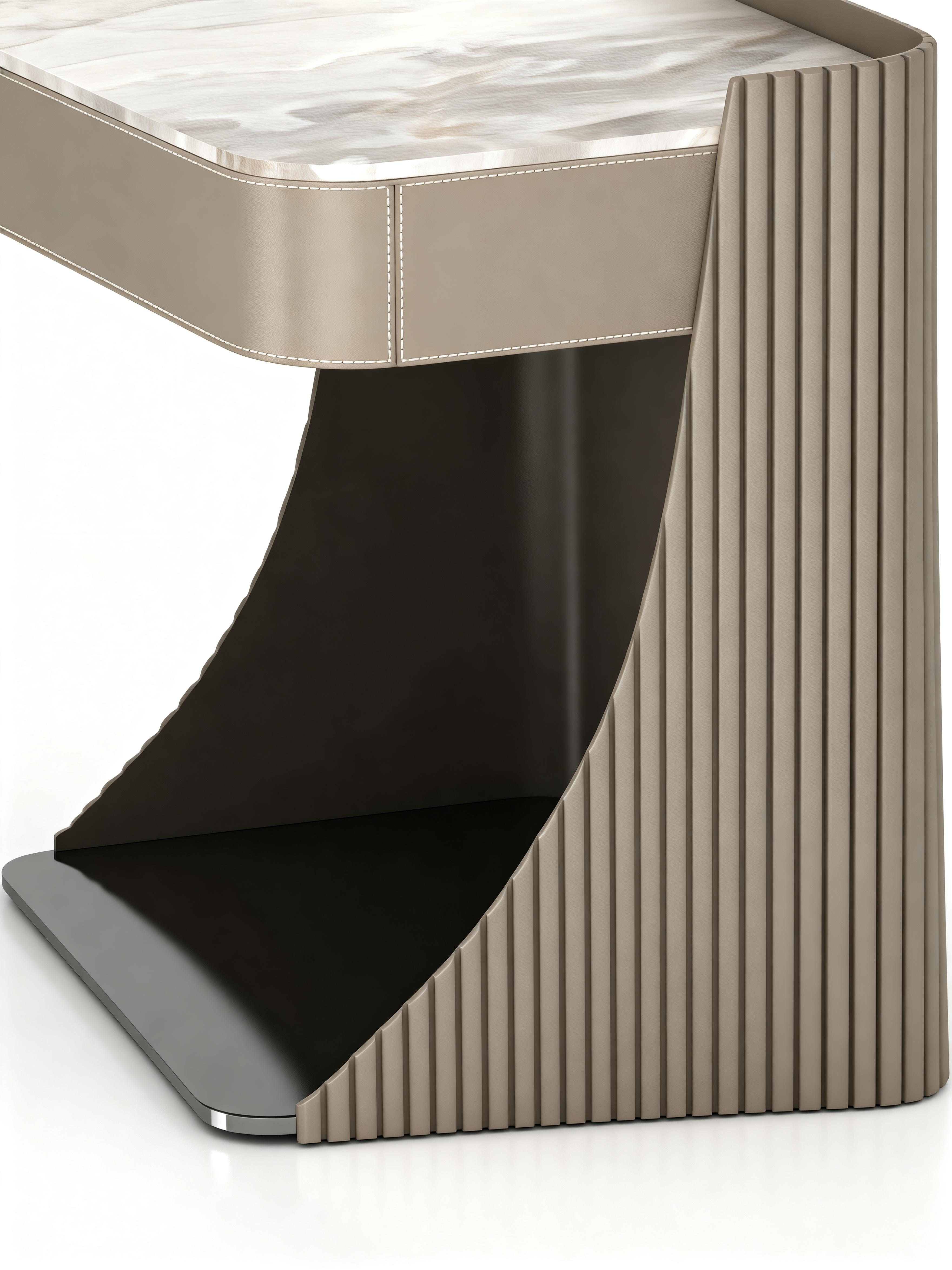 LUMI Marble Top Bedside Table with Gloss Metal Lacquer and Saddle Leather