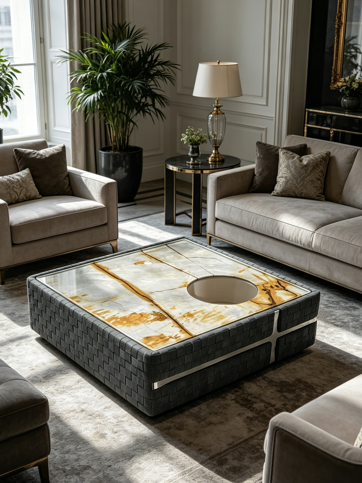 ROMA Marble-Top Woven Leather Coffee Table