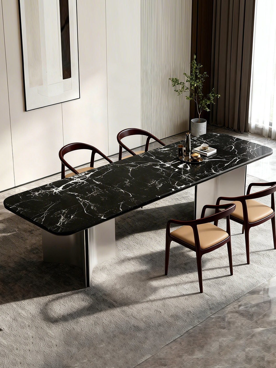 NERO Marquina Marble Dining Table with Titanium Legs