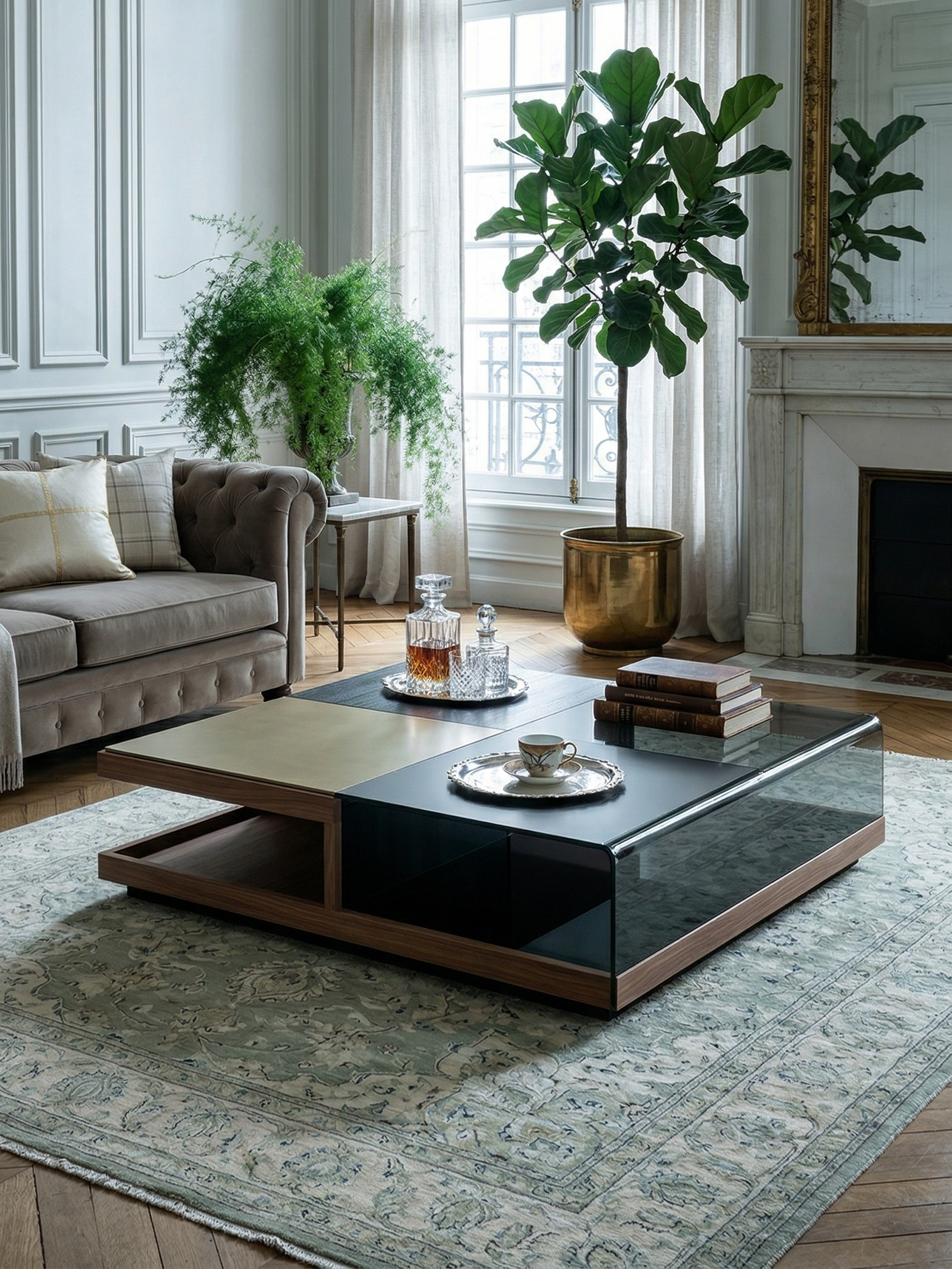 Havenwood Geometric Glass & Saddle Leather Coffee Table