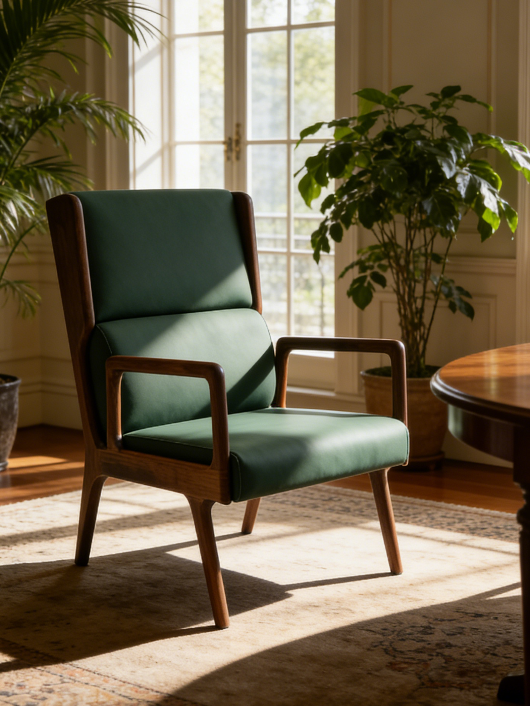 Modern High-Back Black Walnut Leather Accent Chair