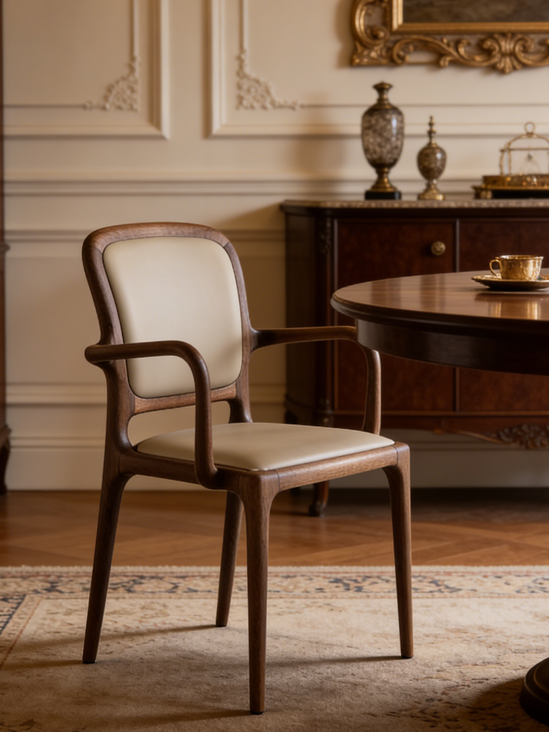 STELLA Black Walnut Genuine Leather Dining Chair with Armrests