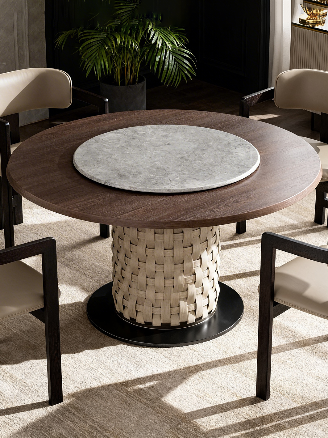 Aveline Walnut & Saddle Leather Round Dining Table with Marble Turntable