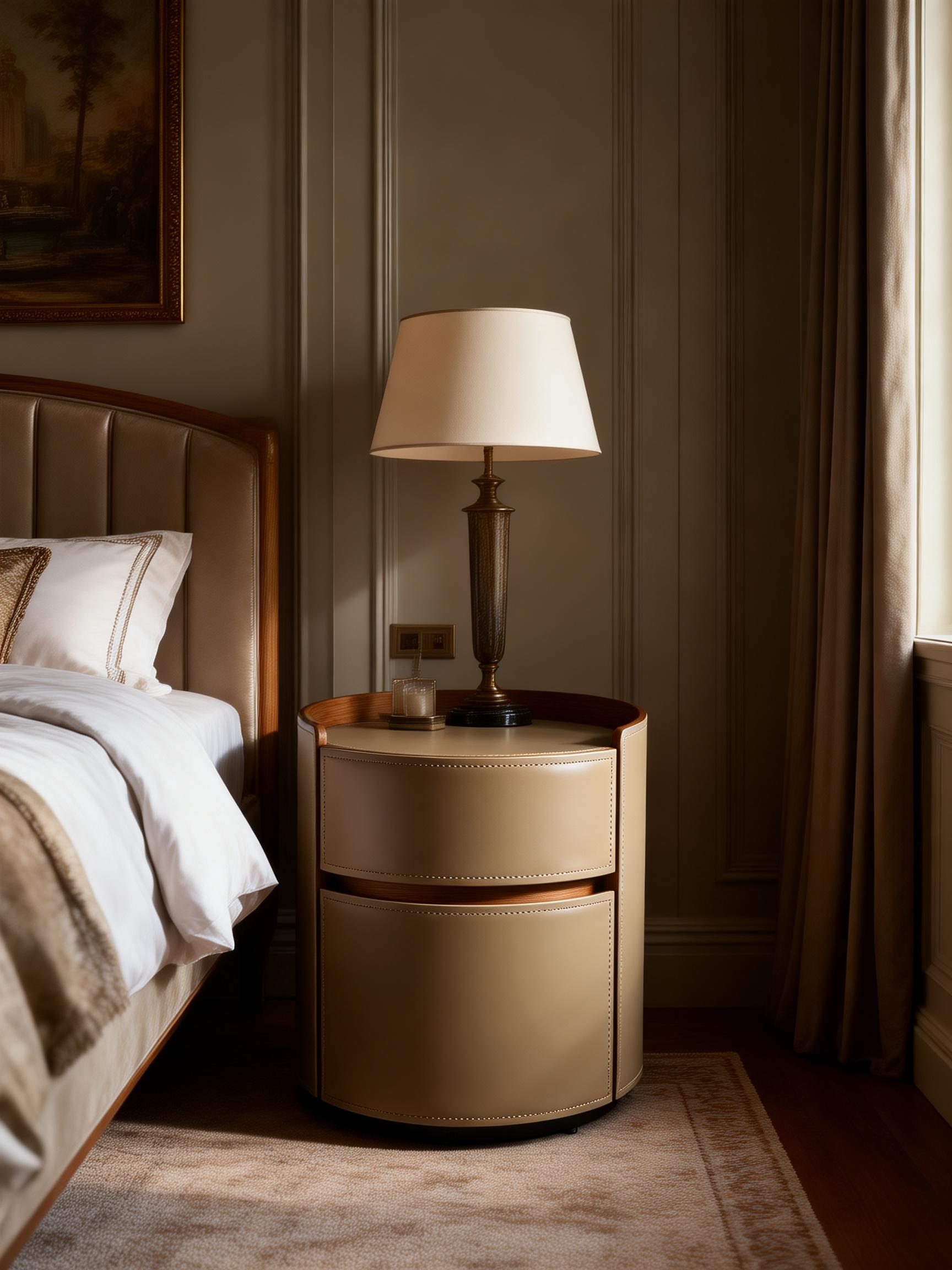 ELARA Round Walnut & Saddle Leather Bedside Table