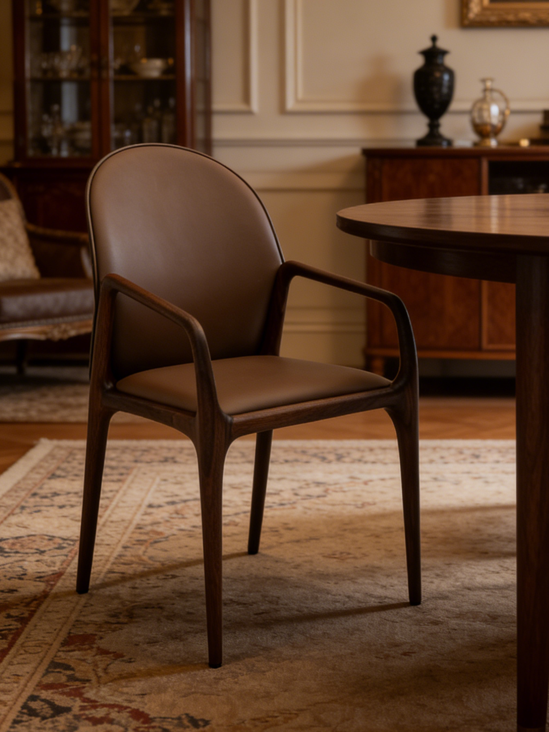 DANTE Black Walnut Vegan Leather Dining Chair with Armrests