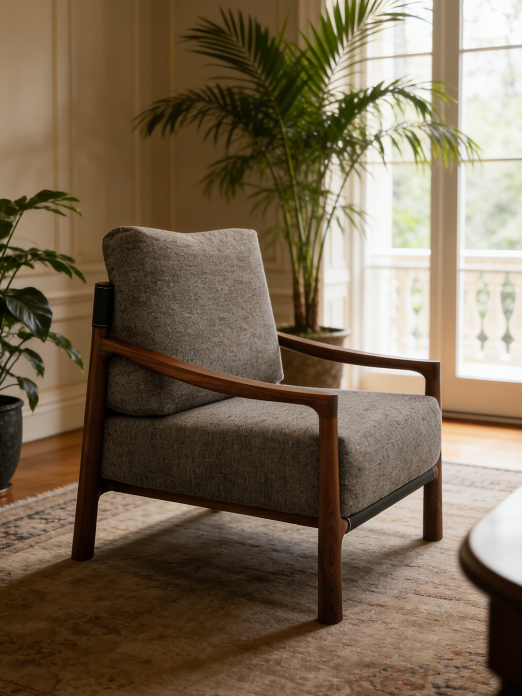 Black Walnut Fabric Accent Chair with Saddle Leather Wrap